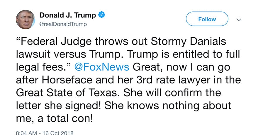 Trump Calls Stormy Daniels “Horseface”