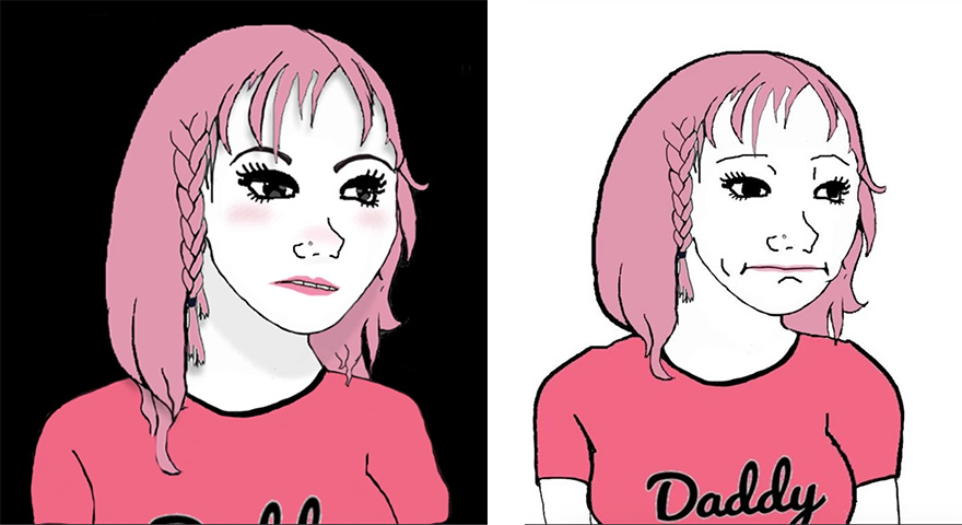 A wojak meme character of a girl with pink hair wearing a pink shirt that s...